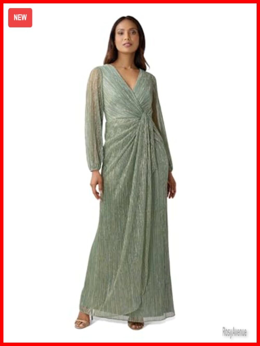 Metallic Mesh Draped Gown Long Sleeve Formal Maxi Dress